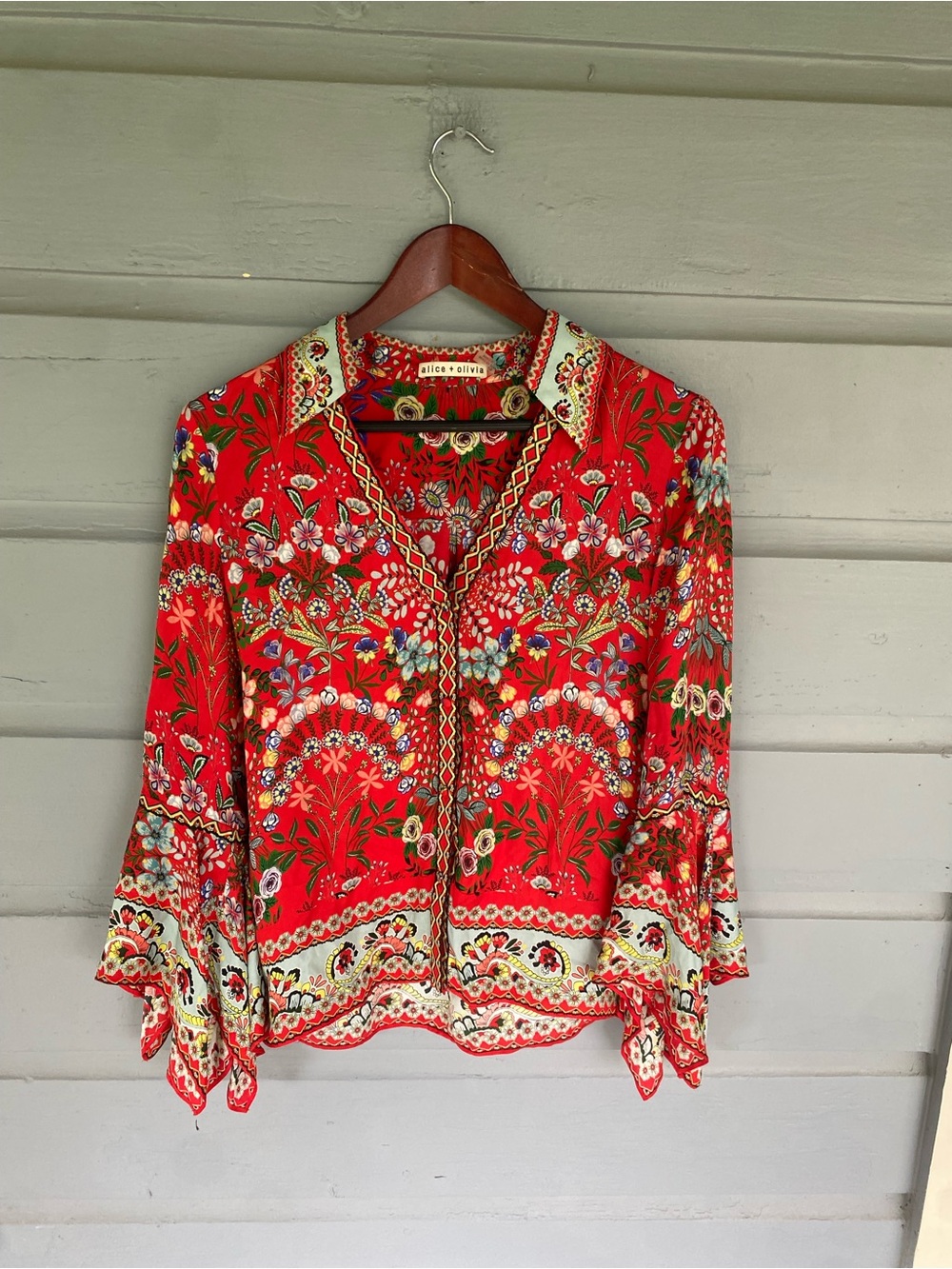 Alice + Olivia Randa Mix Floral Trumpet Sleeve Blouse Small - Picture 3 of 7